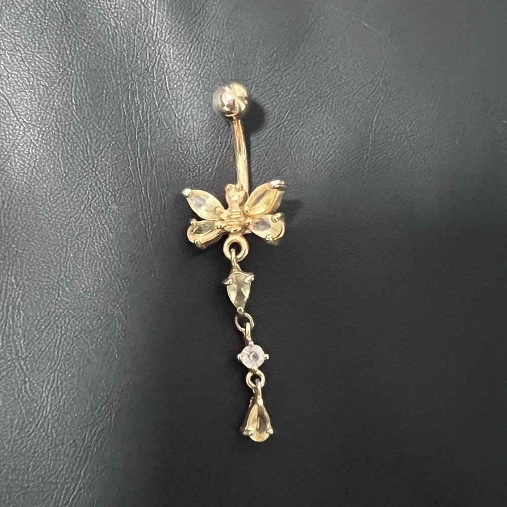 Yellow rhinestone butterfly belly button ring
